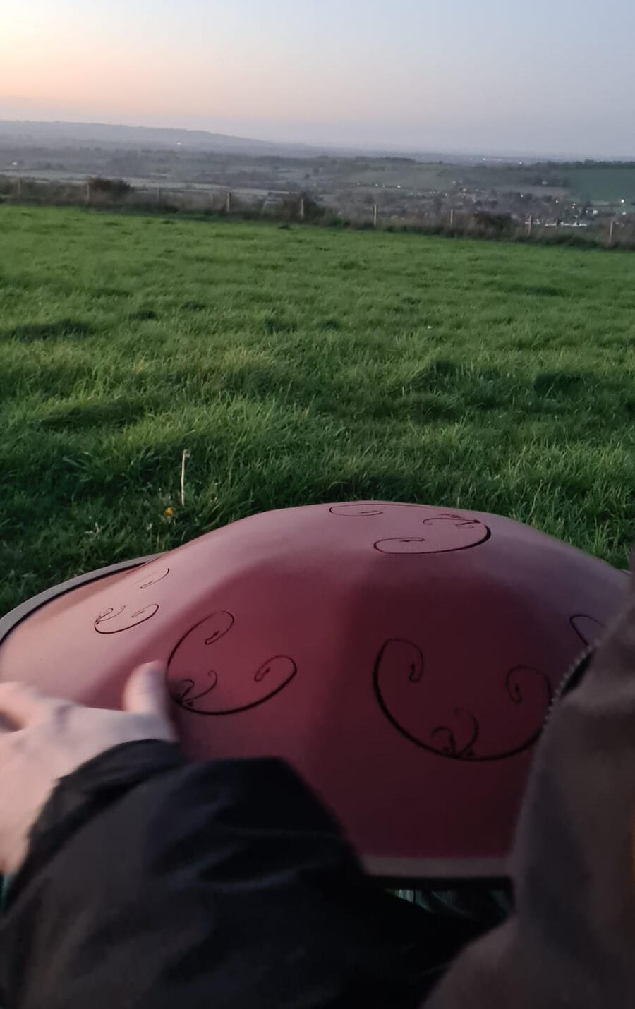 Red Handpan looking out over grassy fields, city in the distance in a hazy pink and blue gradient sky